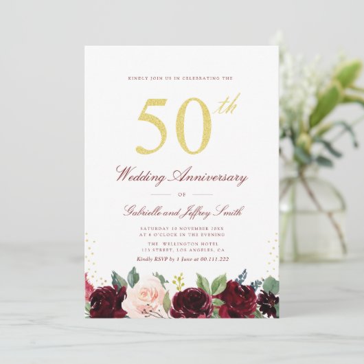 Invitation or script burgundy marine 50e anniversaire mariage (Debout devant)