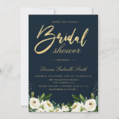 Invitation or script ivoire blanc floral marine nuptiale douc (Devant)