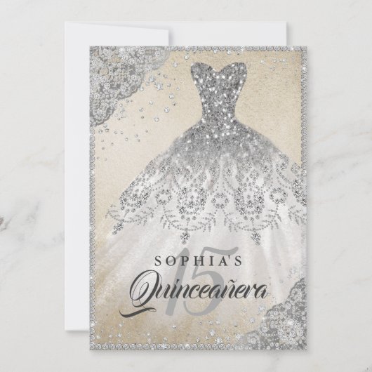 Invitation Or Silver Dentelle Diamond Étincelle Quinceanera (Devant)