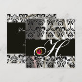 INVITATION OR SOIE DAMASSÉE NOIR MONOGRAMME RUBIS ROSE (Devant / Derrière)