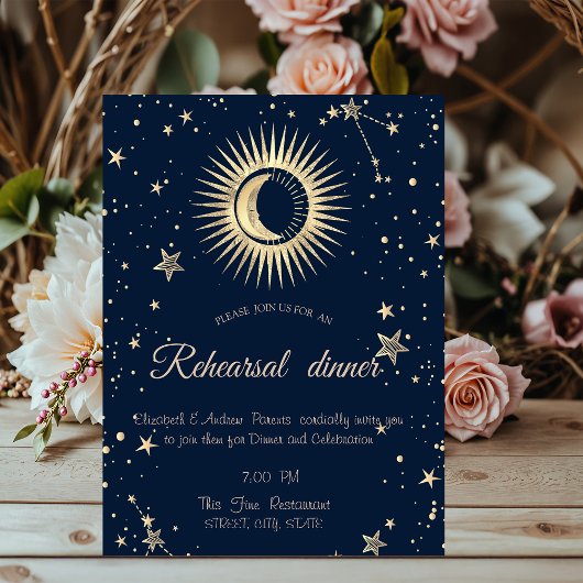 Invitation Or Soleil Céleste Et Lune Étoiles