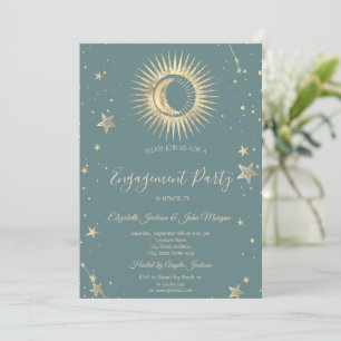 Invitation Or Soleil Céleste Et Lune Étoiles Vert Menthe