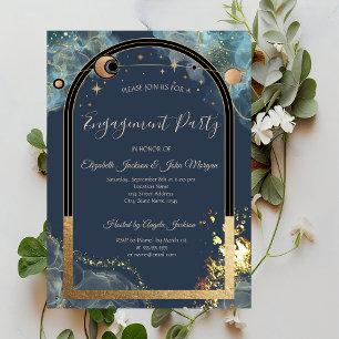 Invitation Or Soleil Céleste Et Lune Paillettes Dorées