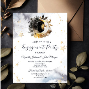Invitation Or Soleil Céleste Fleurs de Lune et d'Étoiles