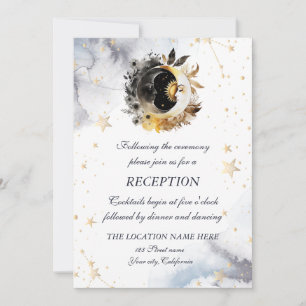 Invitation Or Soleil Céleste Fleurs de Lune et d'Étoiles