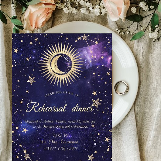 Invitation Or Soleil Céleste, Lune, Étoiles Violet