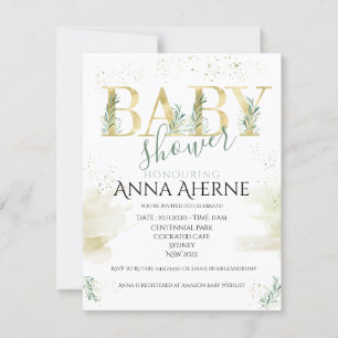 Invitation Or sophistiqué avec baby shower vert sauge