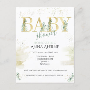 Invitation Or sophistiqué avec baby shower vert sauge