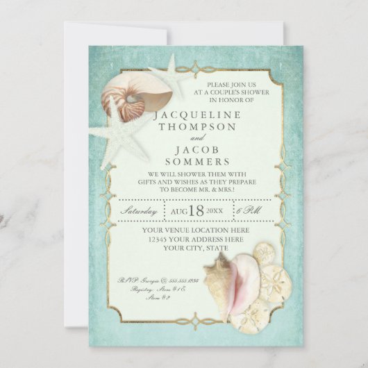 Invitation Or Spirale Dorée Bleu Aqua Plage Océan Coquillage  (Devant)