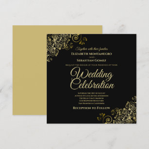 Invitation Or sur le Carré simple noir Elegant Mariage
