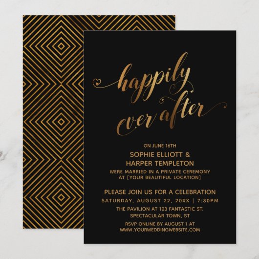 Invitation Or sur Noir Heureux à tout jamais Après-Mariage (Devant / Derrière)