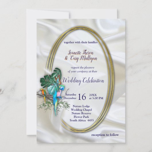 Invitation Or sur soie blanche avec splendeur tropicale (Devant)