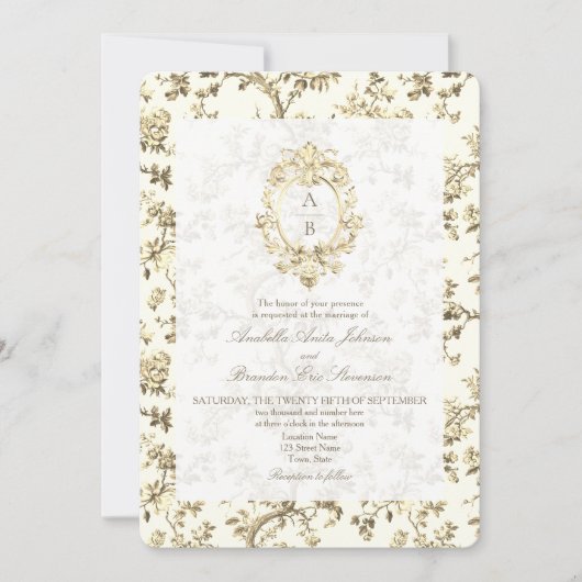 Invitation Or Toile de Jouy Française Monogramme Code QR Mari (Devant)