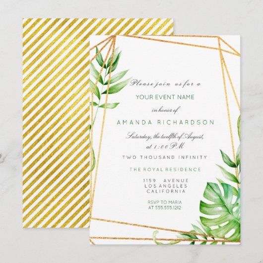 Invitation Or Tropical Cadre Polygonal Rayures Lignes Vert (Devant / Derrière)