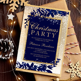 Invitation or typographie feuille bleue neige élégante Noël