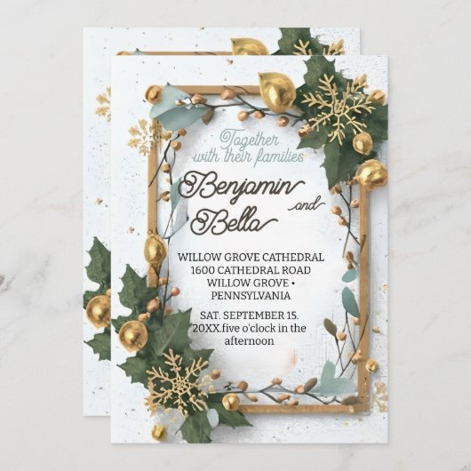 Invitation or typographie feuille neige élégant mariage d'hiv (Devant / Derrière)