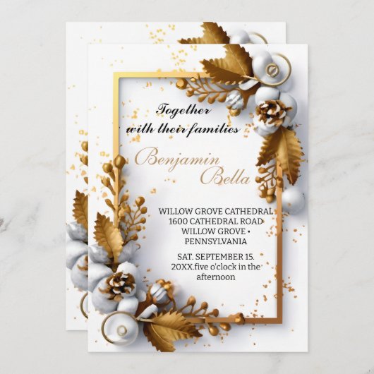 Invitation or typographie feuille neige élégant mariage d'hiv (Devant / Derrière)