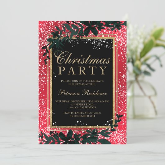 Invitation or typographie feuille neige élégant rouge Noël (Debout devant)