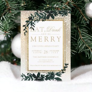 Invitation or typographie feuille neige élégante manger Noël