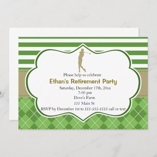 Invitation Or vert de golf d'invitation de partie de retraite (Devant / Derrière)