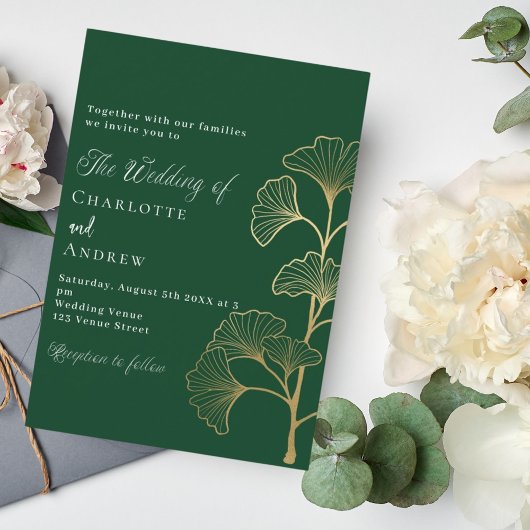 Invitation or vert émeraude mariage vert ginkgo