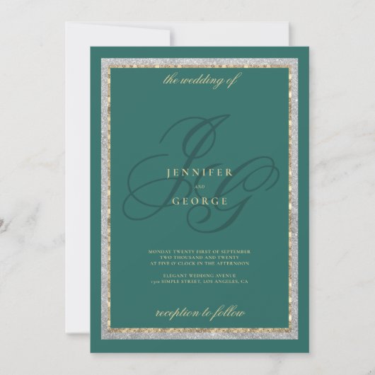 Invitation Or vert jade argent monogramme initiales mariage (Devant)