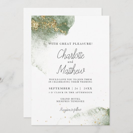 Invitation Or vert moderne Watercolour Kleckse (Devant / Derrière)