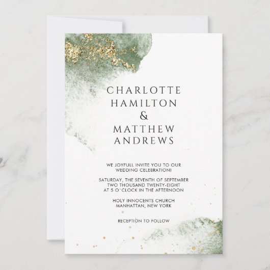 Invitation Or vert moderne Watercolour Kleckse (Devant)