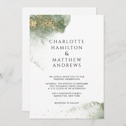 Invitation Or vert moderne Watercolour Kleckse (Devant / Derrière)