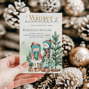 Invitation Or vert Neige Fille Neige Snowman Noël anniversair