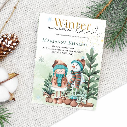 Invitation Or vert Neige Fille Neige Snowman Noël anniversair