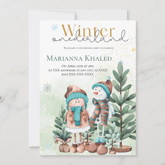 Invitation Or vert Neige Fille Neige Snowman Noël anniversair (Devant)