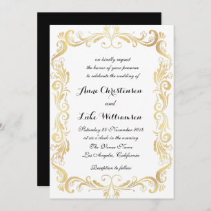 Invitation Or vintage, mariage noir et blanc de manuscrit
