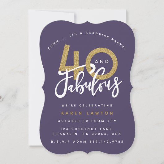 Invitation or violet 40 & fabuleuse fête d'anniversaire surpr (Devant)