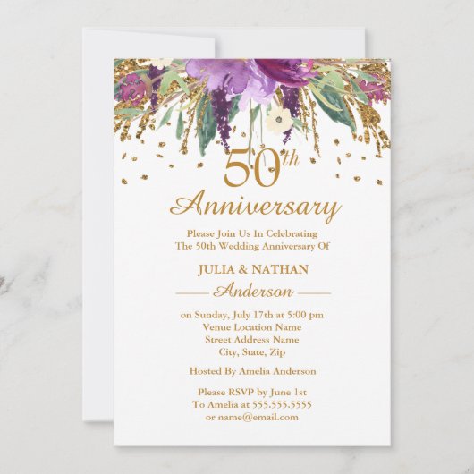 Invitation Or Violet Améthyste Floral 50e Anniversaire (Devant)