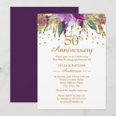 Invitation Or Violet Améthyste Floral 50e Anniversaire (Devant / Derrière)