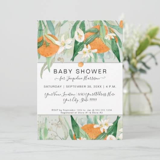 Invitation Orange a Little Cutie Aquarelle Eucalyptus Douche (Debout devant)