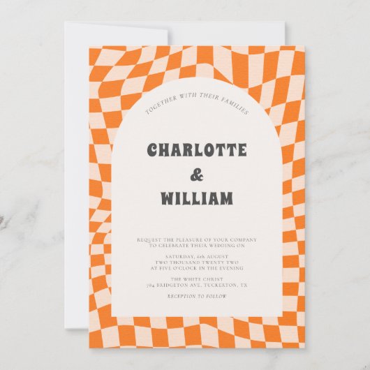 Invitation Orange Abstrait Boho Retro Mariage (Devant)