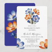 Invitation Orange and Cobalt Blue Floral Bachelorette Party (Devant / Derrière)