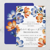 Invitation Orange and Cobalt Blue Floral Bridesmaids Luncheon (Devant / Derrière)
