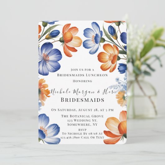 Invitation Orange and Cobalt Blue Floral Bridesmaids Luncheon (Debout devant)