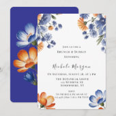 Invitation Orange and Cobalt Blue Floral Brunch & Bubbly (Devant / Derrière)