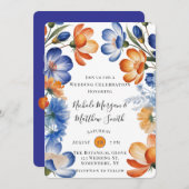 Invitation Orange and Cobalt Blue Floral Wedding Celebration (Devant / Derrière)