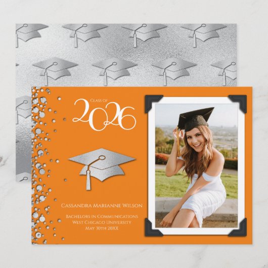 Invitation Orange and Silver Graduation Announcement Photo (Devant / Derrière)