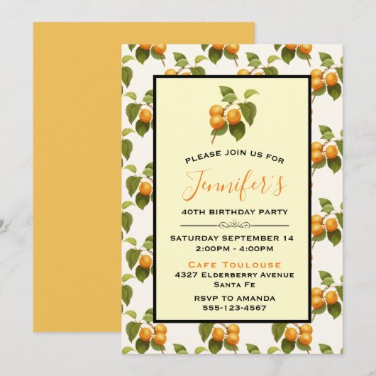 Invitation Orange Apricots Aquarelle Motif Anniversaire (Devant / Derrière)