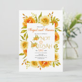 Invitation Orange aquarelle fleurs florales B'Not Mitzvah (Debout devant)
