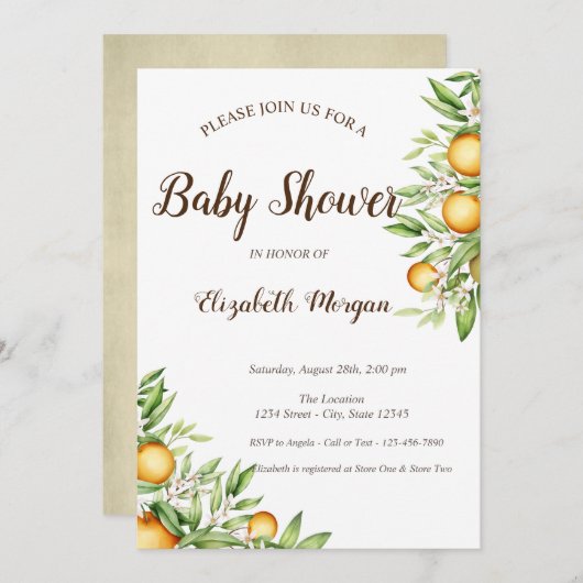 Invitation Orange, Baby shower Citrus Feuille (Devant / Derrière)