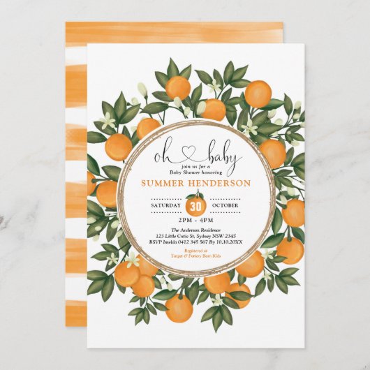 Invitation Orange Baby shower été Citrus Boho Verdure (Devant / Derrière)