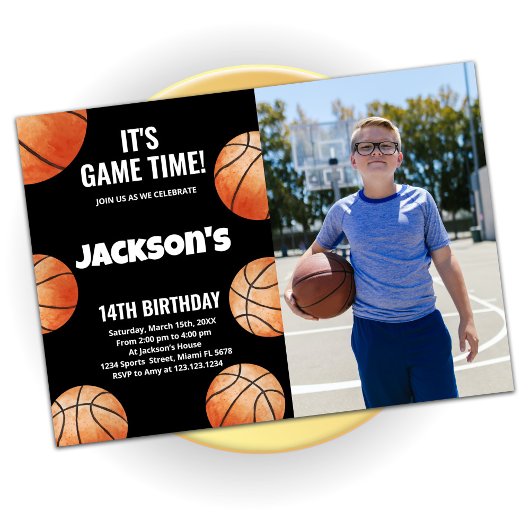 Invitation Orange Balls Black Basketball Anniversaire Photo