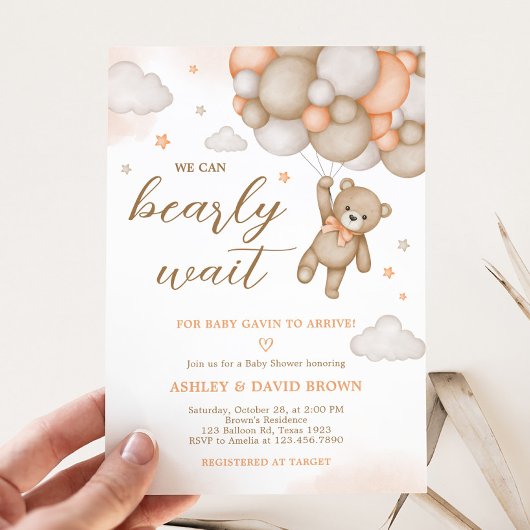 Invitation Orange Bear Balloons Baby Shower